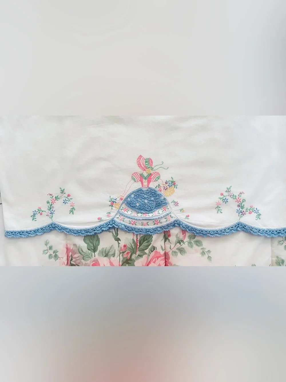Vintage Pillowcase Southern Belle Hand Embroidered & Crocheted Cotton Pink Blue